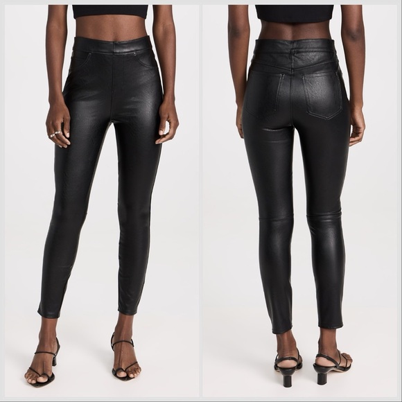 SPANX Pants - Spanx Leather Like Ankle Skinny Pants Size Medium PETITE Black High Rise Stretch